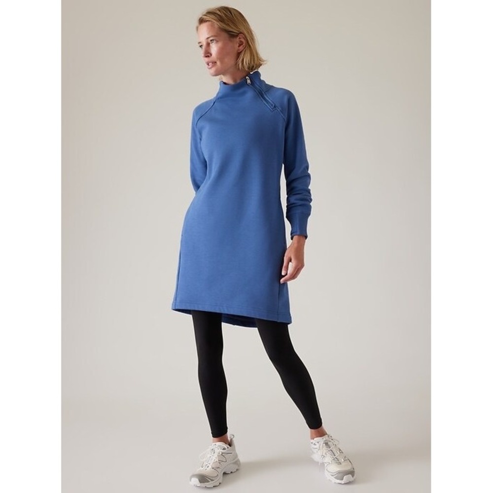 Athleta‎ Cozy Karma Sweatshirt Dress Size L Blue Side Zip Pocket Funnel Neck